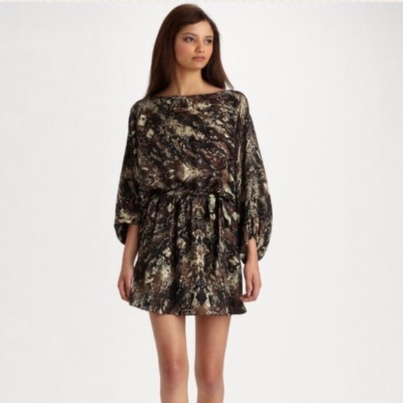 Parker Womens Silk Mini Dress Brown Black Abstract Snakeskin size Medium - Picture 1 of 14